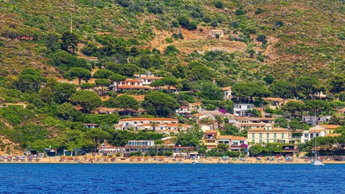 The village of Innamorata with beach, Elba Island, Tuscan Archipelago National Park, Tuscany, Italy