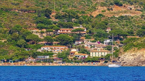 The village of Innamorata with beach, Elba Island, Tuscan Archipelago National Park, Tuscany, Italy
