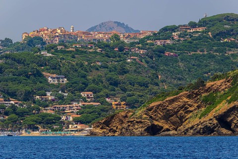 The village of Innamorata with beach, above the village of Capoliveri, Elba Island, Tuscan