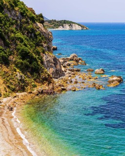 Rocky cliffs at Capo Bianco, Portoferraio, Elba Island, Tuscan Archipelago National Park, Tuscany,