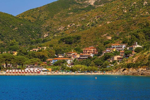 Sunbeds and parasols on the beach of Fetovaia, Elba Island, Tuscan Archipelago National Park,