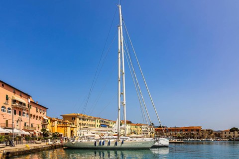 Sailing yachts anchored in the harbour of Portoferraio, Elba Island, Tuscan Archipelago National