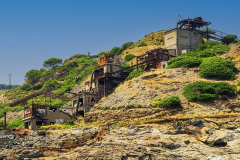 Ruins of a former iron ore mine at Punta Calamita, Elba Island, Tuscan Archipelago National Park,
