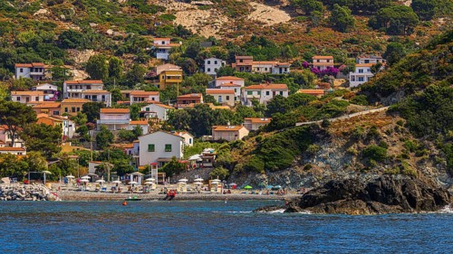The village of Pomonte with a small beach, Elba Island, Tuscan Archipelago National Park, Tuscany,