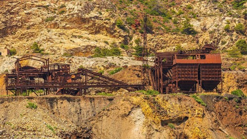Ruins of a former iron ore mine at Punta Calamita, Elba Island, Tuscan Archipelago National Park,