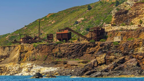 Ruins of a former iron ore mine at Punta Calamita, Elba Island, Tuscan Archipelago National Park,