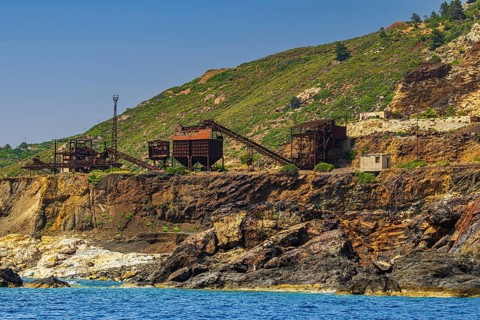 Ruins of a former iron ore mine at Punta Calamita, Elba Island, Tuscan Archipelago National Park,