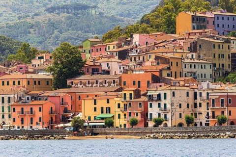 The village of Rio Marina with its pastel-coloured house facades, Elba Island, Tuscan Archipelago