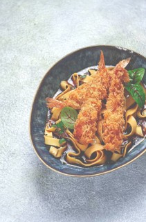 Udon noodles with shrimp in tempura, Japanese cuisine, homemade, no people