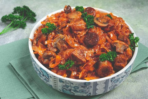 Bigos, bigus is a national Polish dish, made of cabbage and meat, stewed, homemade, no people
