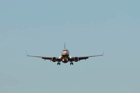 Boeing 737 jet passenger aircraft of Ryanair airlines in flight landing at London Stansted airport,