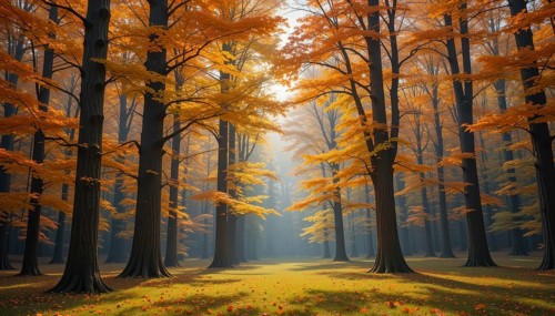 A picturesque autumn forest scene bathed in warm sunlight, with vibrant orange and yellow foliage