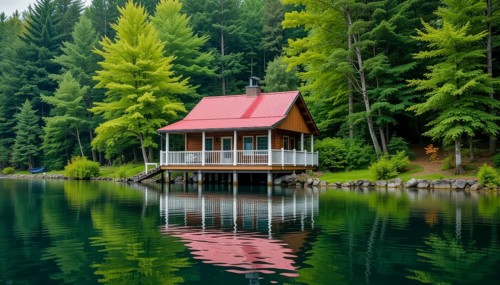 A charming lakeside cabin nestles amidst lush green trees, its reflection mirrored in the tranquil