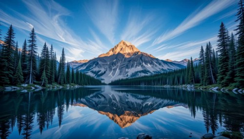 A stunning mountain range reflected in a calm lake, surrounded by lush green trees and under a