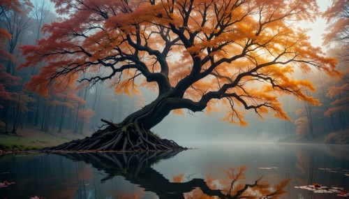 A stunning autumn landscape features a large tree with vibrant orange foliage reflected in tranquil
