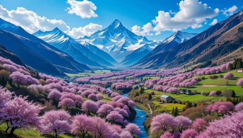 A vibrant landscape features snow-capped mountains, a winding river, and a valley filled with