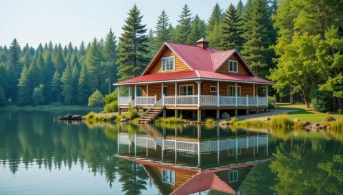 A picturesque lakeside cabin with a red roof is reflected in the calm water, surrounded by lush