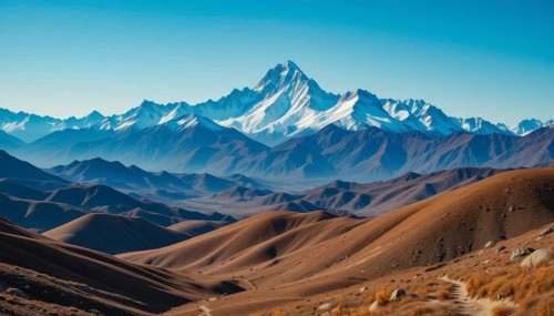 Majestic mountain range with snow-capped peaks, layered with rolling hills in shades of brown and