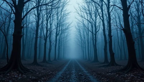 A mysterious, eerie forest road disappears into a foggy, atmospheric scene with tall, bare trees.