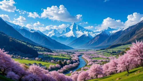 A stunning valley vista unfolds under a brilliant blue sky, showcasing snow-capped mountains and