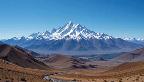 A stunning landscape featuring towering snow-capped mountains dominating a valley under a clear