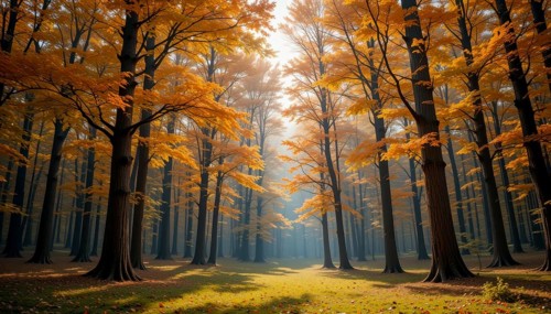 A stunning autumn forest scene, with tall trees ablaze in vibrant orange and yellow hues,