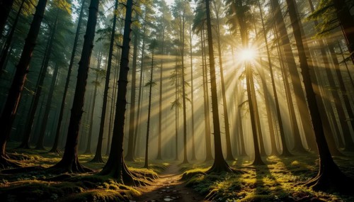 A beautiful forest scene with tall trees and sunlight streaming through the canopy. A serene and