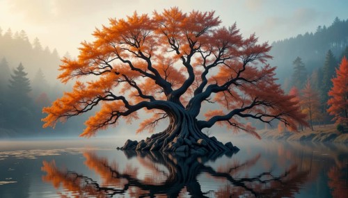 A captivating autumn scene with a vibrant tree reflected in serene water, creating a peaceful