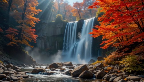 Stunning waterfall cascades amidst vibrant autumn foliage. Sunlight streams through the trees,