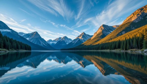 A serene landscape of mountains and a lake mirroring the sky's reflection. The image captures the