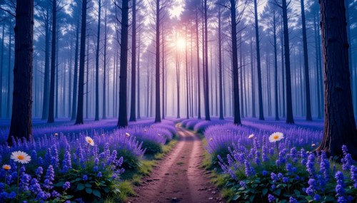 A serene forest scene featuring a path winding through vibrant lavender fields, bathed in a soft,