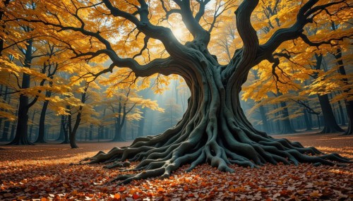 A majestic, ancient tree stands in a vibrant autumn forest, its massive roots spread across the