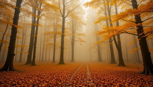 An enchanting autumn forest bathed in a warm, atmospheric fog, with fallen leaves blanketing the