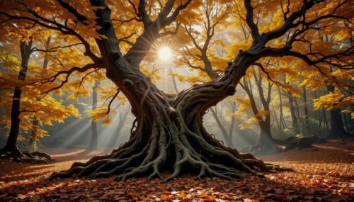 A majestic tree stands in a forest, bathed in the golden light of autumn. The sunlight filters