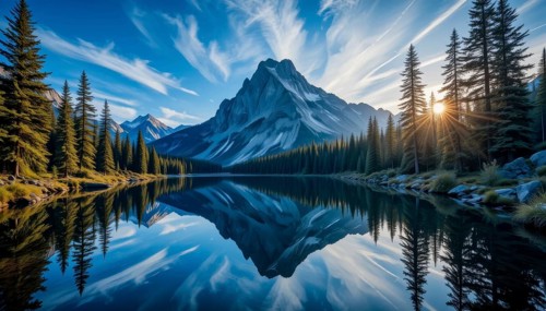 A serene mountain lake reflects the stunning peaks and vibrant sky, framed by lush evergreen trees,