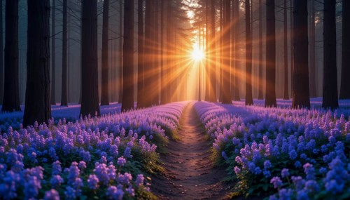 A sunlit path winds through a forest of tall trees, surrounded by vibrant purple flowers, creating