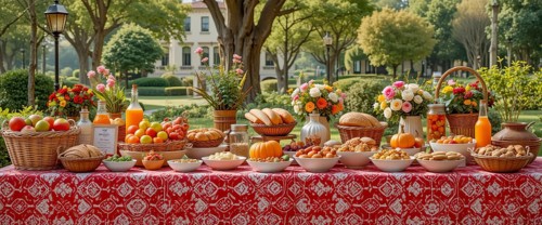 A lavish outdoor picnic spread, laden with fruits, breads, pastries, and juices, is arranged on a