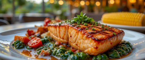 A delicious plate of grilled salmon with a side of vegetables and corn, a perfect dinner, AI