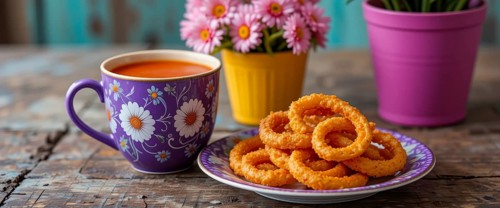 A close-up shot of a mug of soup, onion rings, and flowers on a wooden table, AI generated