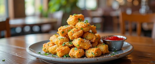 A delicious serving of fried food, presented artfully on a plate, ready to be enjoyed at a