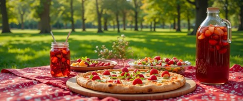 A picturesque picnic scene set in a park, featuring pizza, fruit-infused drinks, and a vibrant