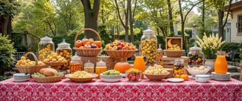 A beautifully arranged outdoor buffet table laden with various fruits, juices, and snacks, perfect