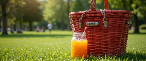 A refreshing picnic scene in a sunny park, featuring a basket, juice, and lush green grass, AI