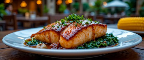 A beautifully plated salmon fillet rests atop a bed of spinach, garnished with fresh herbs, with a