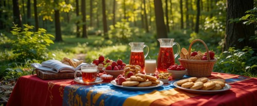 A vibrant picnic scene set in a sun-dappled forest. Delicious food and drinks are laid out on a