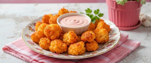 A plate of golden-brown, crispy cauliflower bites served with a creamy dipping sauce, perfect for a
