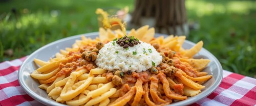 A close-up shot of a plate of fries and risotto, served in an outdoor setting, AI generated