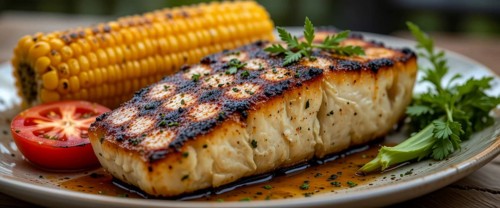 Grilled fish steak with grilled corn and sliced tomato on a plate, a delicious and healthy meal, AI
