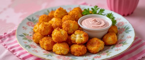 Delicious golden-brown fried cauliflower bites served on a vintage plate with a creamy dipping