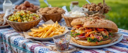 A delightful picnic spread featuring a gourmet burger, golden fries, various fruits and snacks on a